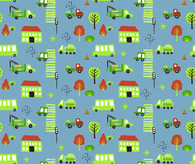 Vector seamless pattern with cars on the road in the city. Cartoon background for boys and girls. Childrens hand drawn wallpaper