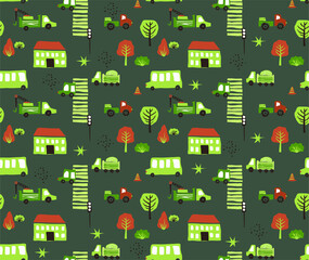 Vector seamless pattern with cars on the road in the city. Cartoon background for boys and girls. Childrens hand drawn wallpaper