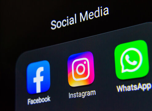 Social media products from Facebook company: Facebook, Instagram, WhatsApp apps on the smartphone screen. Stafford, UK - September 20 2019.