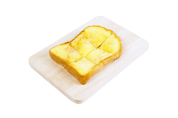 Milk butter toast on a wooden board isolated on white background.Toast bread