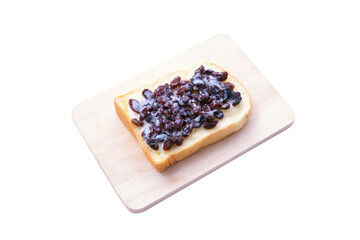 Raisins Milk butter toast with jam butter toast on a wooden board isolated on white background.Toast bread