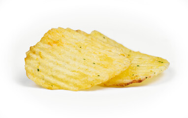 group of potato chips macro on white background