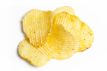 group of potato chips isolated on white background