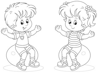 Cheerful cute little kids in sport clothes doing exercises on big fitness balls in a gymnastic lesson, black and white outline vector cartoon illustration for a coloring book page