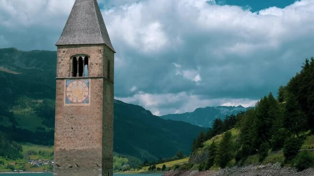 curon belltower in the lake - timelapsed