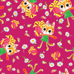 Seamless pattern of cute kitten with gift and bird