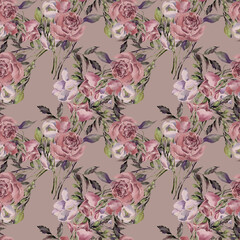 Watercolor seamless pattern bouquets of roses