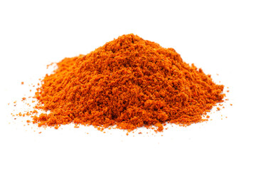 Red pepper powder isolated on white background, top view. Pile of red paprika powder isolated on white background. Heap of red pepper powder on a white background. Cayenne pepper powder, top view.