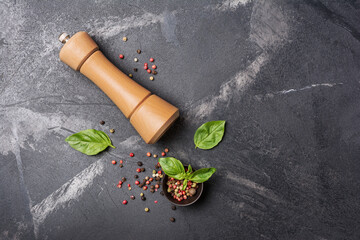 Bright spices, basil leaves with pepper mill for tasty cooking © viktoriya89