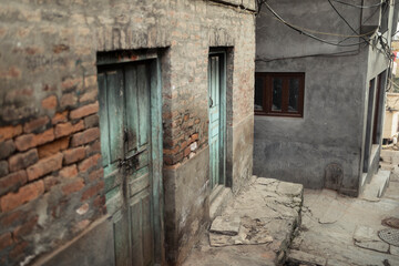Fototapeta na wymiar Rustic wooden closed door in Kathmandu, Nepal