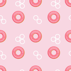 Seamless pattern with donuts and white circles on a pink background. Sweet pattern with delicious pastries. Vector illustration. Vector illustration.