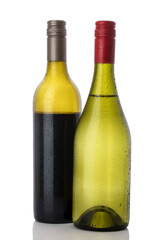 Bottles of white red and wine on white background