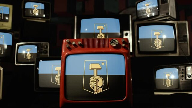 Flag of the City of Donetsk and Vintage Televisions. 