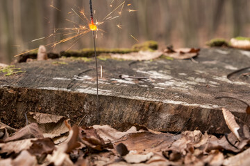 burning bengal candle in the forest