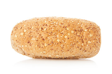 long loaf of multigrain whole wheat bread on white background.