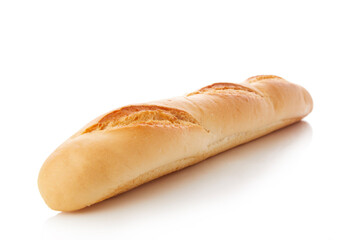 long loaf of whole wheat bread on white background.