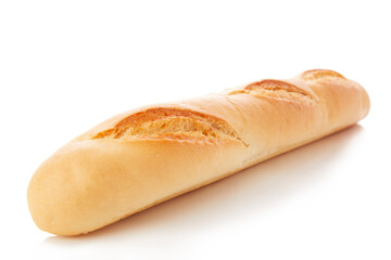 long loaf of whole wheat bread on white background.