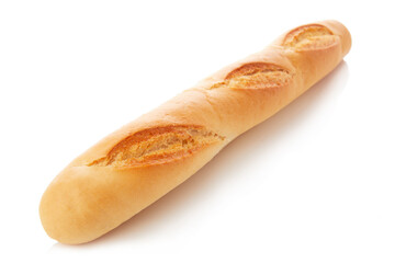 long loaf of whole wheat bread on white background.