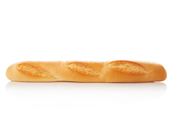 long loaf of whole wheat bread on white background.