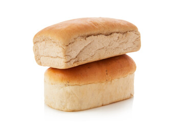 long loaf of whole wheat bread on white background.