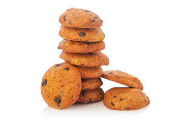 Stack of Chocolate chip cookies on white.