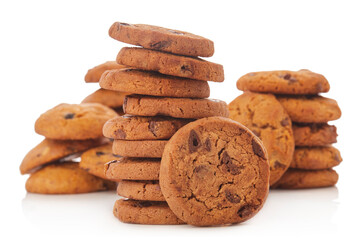 Stack of Chocolate chip cookies on white.