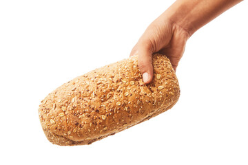 Hand holds a long loaf of bread on white.