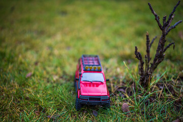 Beautiful view of  model car on lawn. Free time Children and adults concept. 