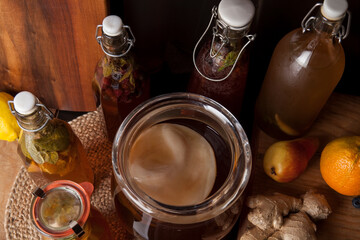 Kombucha (also tea mushroom, tea fungus, or Manchurian mushroom ) - fermented fruit tea with different flavorings. Healthy natural probiotic flavored drink