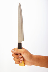 Male Hand Holding Sharp Knife on white.