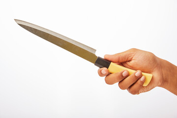 Male Hand Holding Sharp Knife on white.