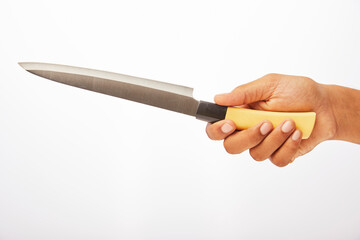 Male Hand Holding Sharp Knife on white.