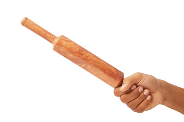 Hand holding Kitchen Rolling Pin isolated on white.
