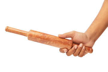Hand holding Kitchen Rolling Pin isolated on white.