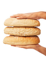 Hand holds a long loaf of breads on white.