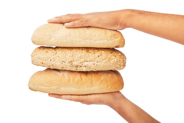 Hand holds a long loaf of breads on white.