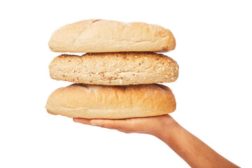 Hand holds a long loaf of breads on white.