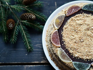 Rustic food background.Round homemade honey layered cake on dark background with fir branches and place for text.