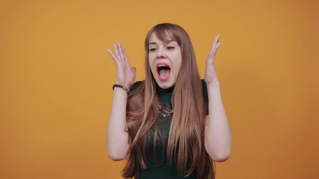 Scream and shout Holding hands near opened mouth. Screaming loudly with hand at face. Cupping. Yelling. Announcement. Attention, advertise Announcing important message, shouting news.