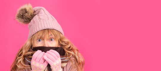 adult or senior woman wearing warm clothes isolated on background