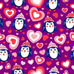 St Valentine’s Day. Seamless pattern blue baby penguins wearing pink, red and white hats. Love and romance. Purple background. Shape of heart. Wallpaper, textile, scrapbooking and wrapping paper