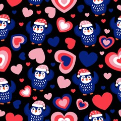 St Valentine&rsquo;s Day. Seamless pattern blue baby penguins in pink, red and white hats and scarfs. Dancing with hands up. Black background. Hearts. Wallpaper, textile, scrapbooking and wrapping paper