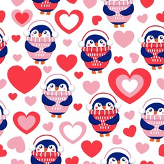St Valentine’s Day. Seamless pattern with hearts and blue baby penguins wearing pink, red and white sweaters, hats and headphones. White background. Wallpaper, textile, scrapbooking, wrapping paper
