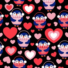 St Valentine’s Day. Seamless pattern with hearts and blue baby penguins wearing pink, red and white sweaters, hats and headphones. Black background. Wallpaper, textile, scrapbooking, wrapping paper