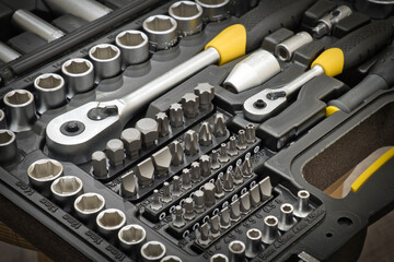 Close up of mechanical hand tool kit. Mechanic instrumental toolbox.