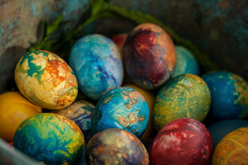 Fototapeta na wymiar Easter eggs, Paschal eggs, decorated with spring flowers, herbs , onions skin and natural colors - to celebrate Easter. Its old tradition in Lithuania, Eastern Europe