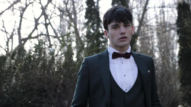 Attractive young man wearing stylish black suit-set and bow tie stands near lush bushes in city park slow motion camera rolls
