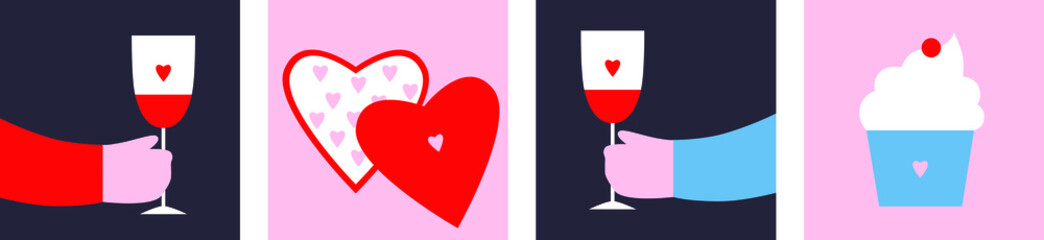 Valentine's day symbol vector. Gestures love simple geometric illustration. Hands, key, loke, letter, wine vintage cartoon flat illustration. Scandinavian design. Cute romantic icons.