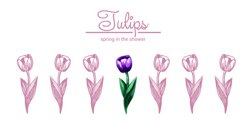 Pink Tulips in a flat, horizontal pattern background with hand drawn tulips. Vector illustration - spring tulips in the shower. Templates for festival banners, labels, flyers, invitations, posters