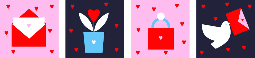Valentine's Day vector flat illustration. Letter, wedding ring, flower, carrier pigeon symbol. Cartoon flat geometric style. Happy Valentine's Day icons vector. Scandinavian design